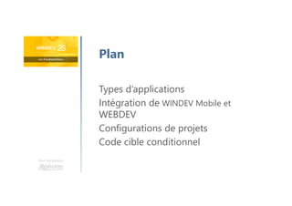 Une formation
Plan
Types d’applications
Intégration de WINDEV Mobile et
WEBDEV
Configurations de projets
Code cible conditionnel
 