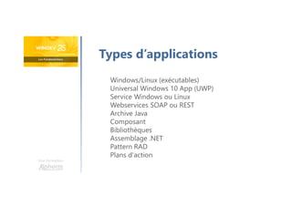 Une formation
Types d’applications
Windows/Linux (exécutables)
Universal Windows 10 App (UWP)
Service Windows ou Linux
Webservices SOAP ou REST
Archive Java
Composant
Bibliothèques
Assemblage .NET
Pattern RAD
Plans d'action
 