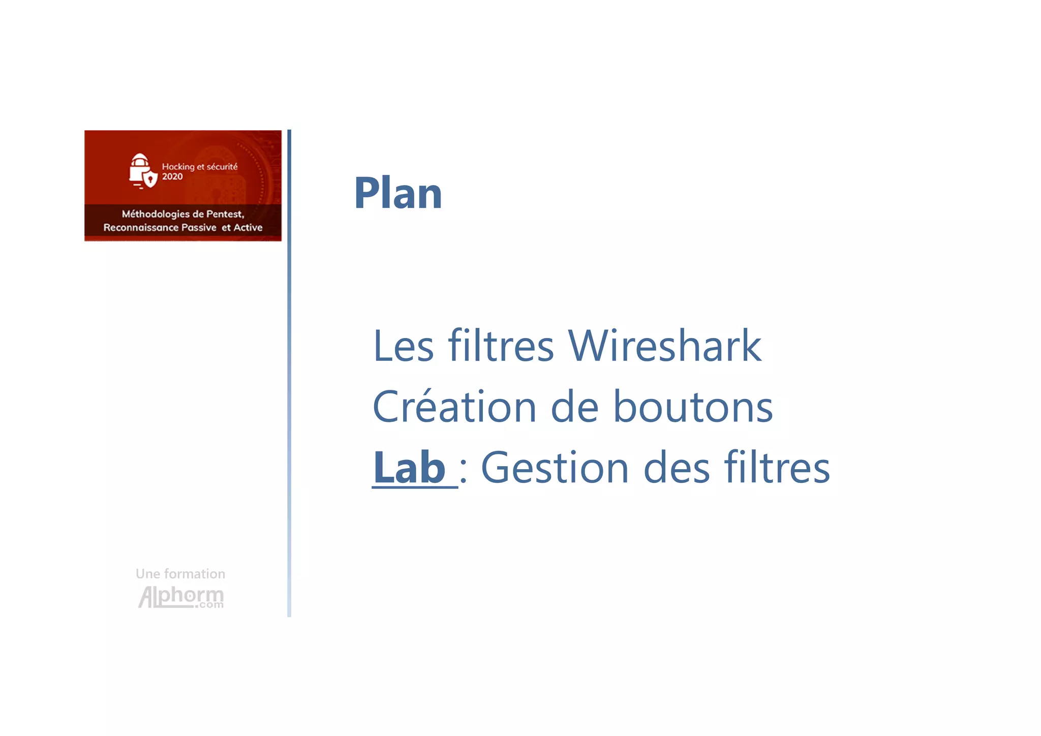 Une formation
Les filtres Wireshark
Création de boutons
Lab : Gestion des filtres
Plan
 