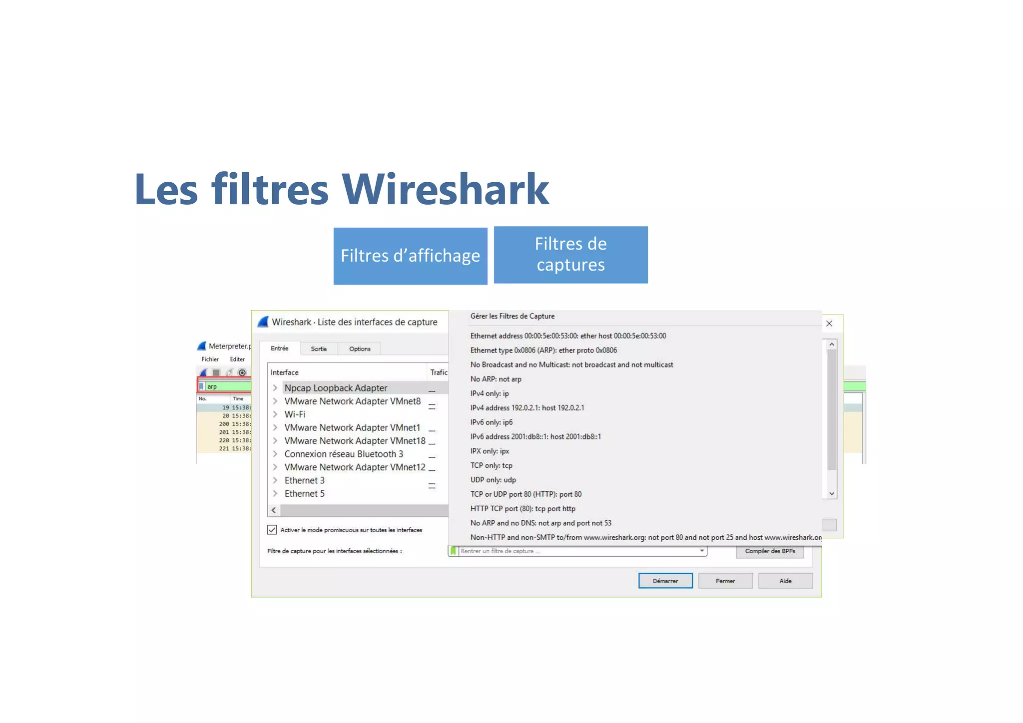 Les filtres Wireshark
Filtres d’affichage
Filtres de
captures
 