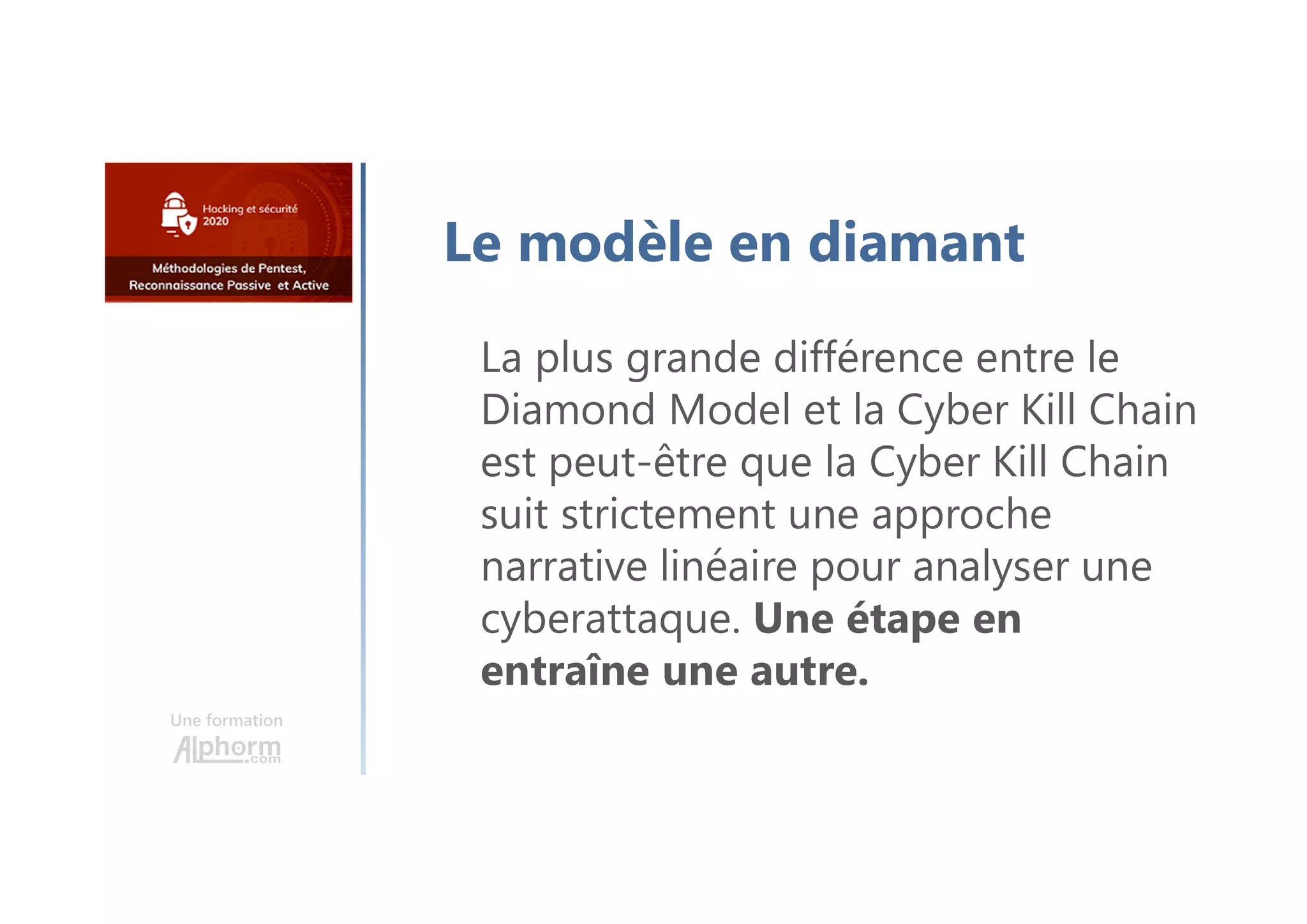 Une formation
Le modèle en diamant
La plus grande différence entre le
Diamond Model et la Cyber Kill Chain
est peut-être que la Cyber Kill Chain
suit strictement une approche
narrative linéaire pour analyser une
cyberattaque. Une étape en
entraîne une autre.
 