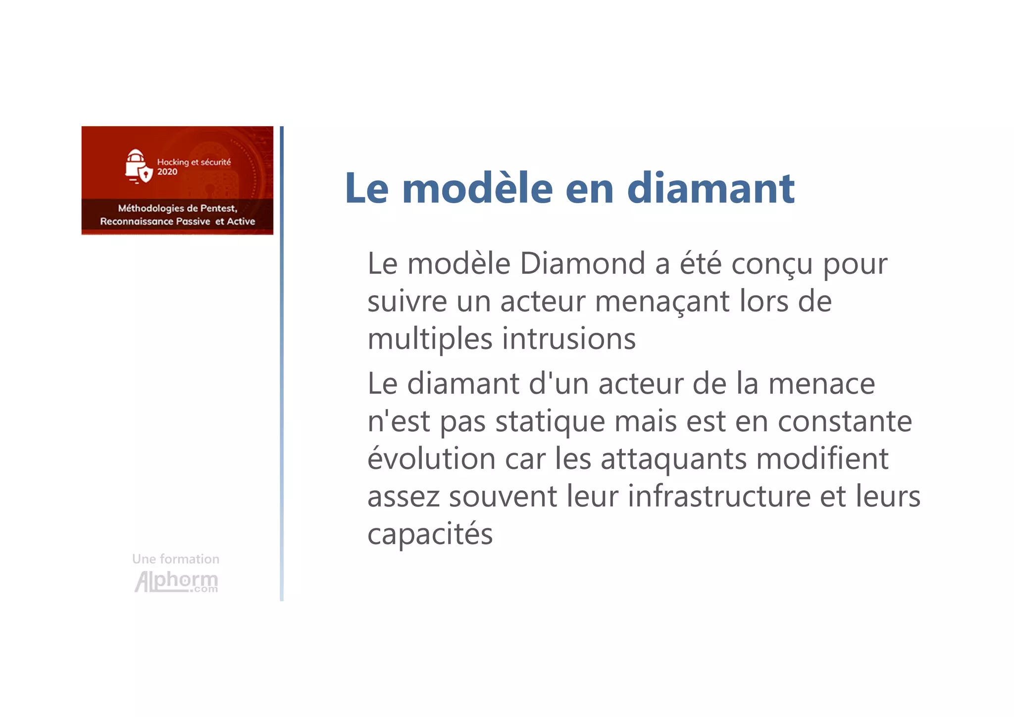 Une formation
Le modèle en diamant
Le modèle Diamond a été conçu pour
suivre un acteur menaçant lors de
multiples intrusions
Le diamant d'un acteur de la menace
n'est pas statique mais est en constante
évolution car les attaquants modifient
assez souvent leur infrastructure et leurs
capacités
 