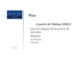 Une formation
Plan
A partir de Tableau 2020.2
Couche logique de la source de
données
Relation
Automatique
Manuelle
 