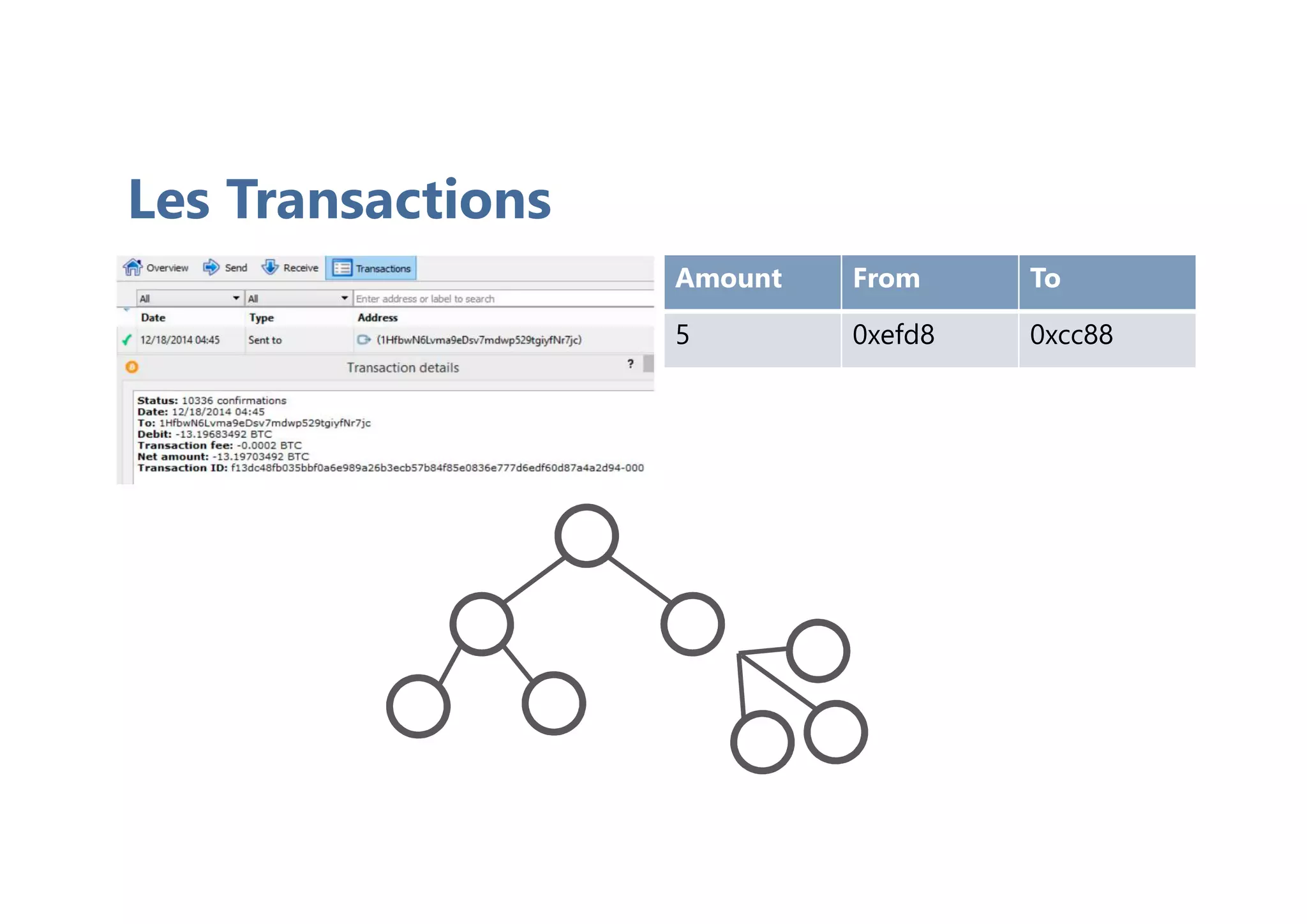 Les Transactions
Amount From To
5 0xefd8 0xcc88
 