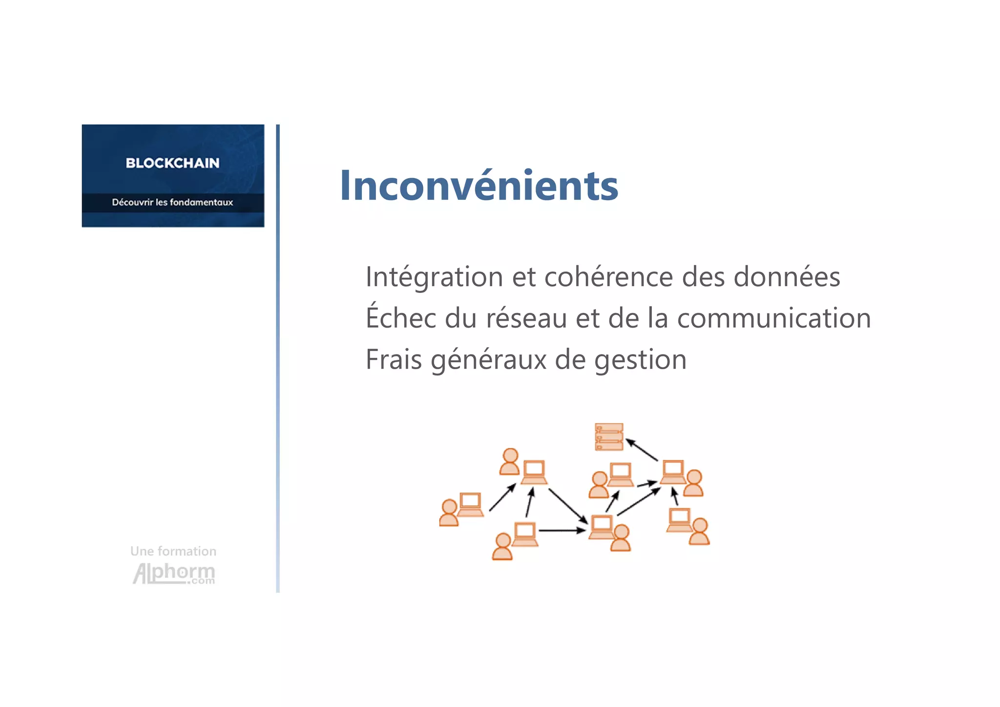 Intégration et cohérence des données
Échec du réseau et de la communication
Frais généraux de gestion
Une formation
Inconvénients
 