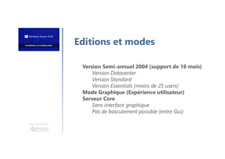 Editions et modes
Version Semi-annuel 2004 (support de 18 mois)
Version Datacenter
Version Standard
Version Essentials (moins de 25 users)
Mode Graphique (Expérience utilisateur)
Serveur Core
Sans interface graphique
Pas de basculement possible (entre Gui)
Une formation
 