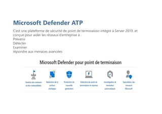 C’est une plateforme de sécurité de point de terminaison intégré à Server 2019, et
conçue pour aider les réseaux d’entreprise à :
Prévenir
Détecter
Examiner
répondre aux menaces avancées
Microsoft Defender ATP
 