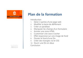 Une formation
Introduction
1. Gérer 2 parties d'une page web
2. Modifier la barre de défilement
3. Créer un parallaxe
4. Manipuler les champs d'un formulaire
5. Animer une zone HTML
6. Customiser une case à cocher
7. Effet responsive sur une image de fond
8. Flouter le fond d'une Div
9. Créer des triangles via le CSS
10. Ouvrir une Div en deux
Conclusion
Plan de la formation
 