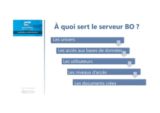 Une formation
À quoi sert le serveur BO ?
Les univers
Les accès aux bases de données
Les utilisateurs
Les niveaux d’accès
Les documents crées
 