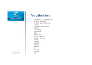 Une formation
Vocabulaire
Architecture client/serveur
Base de données
Base de données locale
Cellule
Classes – Sous classes
Client
Condition
Constante
DBA
Document
Glisser-déplacer
Liste de valeurs
Objets
Rapport
Requête
Rupture
Serveur
Tri
Univers
Variable
Vue
 