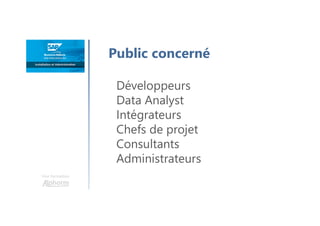 Une formation
Public concerné
Développeurs
Data Analyst
Intégrateurs
Chefs de projet
Consultants
Administrateurs
 
