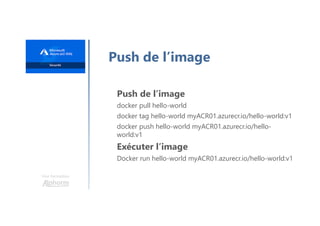 Une formation
Push de l’image
Push de l’image
docker pull hello-world
docker tag hello-world myACR01.azurecr.io/hello-world:v1
docker push hello-world myACR01.azurecr.io/hello-
world:v1
Exécuter l’image
Docker run hello-world myACR01.azurecr.io/hello-world:v1
 