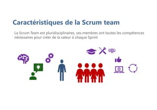 Caractéristiques de la Scrum team
La Scrum Team est pluridisciplinaires, ses membres ont toutes les compétences
nécessaires pour créer de la valeur à chaque Sprint
 