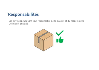 Les développeurs sont tous responsable de la qualité, et du respect de la
Definition of Done
Responsabilités
 