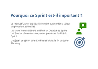 Pourquoi ce Sprint est-il important ?
Le Product Owner explique comment augmenter la valeur
du produit et son utilité
la Scrum Team collabore à définir un Objectif de Sprint
qui énonce clairement aux parties prenantes l’utilité du
Sprint
L'objectif de Sprint doit être finalisé avant la fin du Sprint
Planning
 