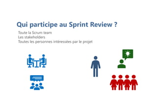 Qui participe au Sprint Review ?
Toute la Scrum team
Les stakeholders
Toutes les personnes intéressées par le projet
 