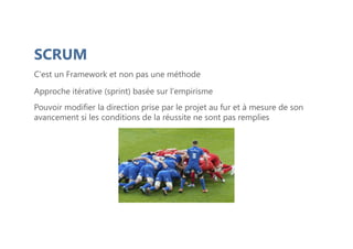 SCRUM
Pouvoir modifier la direction prise par le projet au fur et à mesure de son
avancement si les conditions de la réussite ne sont pas remplies
Approche itérative (sprint) basée sur l'empirisme
C'est un Framework et non pas une méthode
 