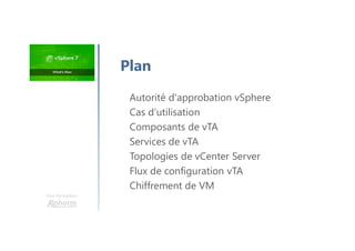 Une formation
Plan
Autorité d'approbation vSphere
Cas d’utilisation
Composants de vTA
Services de vTA
Topologies de vCenter Server
Flux de configuration vTA
Chiffrement de VM
 