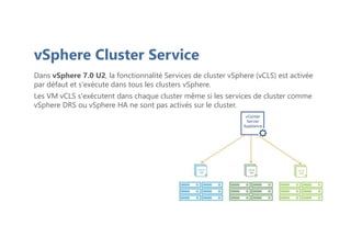 vSphere Cluster Service
Dans vSphere 7.0 U2, la fonctionnalité Services de cluster vSphere (vCLS) est activée
par défaut et s'exécute dans tous les clusters vSphere.
Les VM vCLS s'exécutent dans chaque cluster même si les services de cluster comme
vSphere DRS ou vSphere HA ne sont pas activés sur le cluster.
 