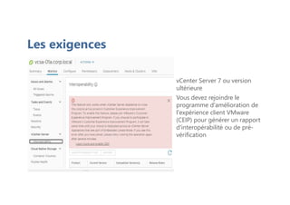 Les exigences
vCenter Server 7 ou version
ultérieure
Vous devez rejoindre le
programme d'amélioration de
l'expérience client VMware
(CEIP) pour générer un rapport
d'interopérabilité ou de pré-
vérification
 