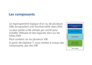 Le regroupement logique d'un ou de plusieurs
VIBs encapsulant une fonctionnalité dans ESXi
La plus petite unité utilisée par vLCM pour
installer VMware et des logiciels tiers sur les
hôtes ESXi
Peut contenir un ou plusieurs VIB
À partir de vSphere 7, vous mettez à niveau des
composants, pas des VIB
Les composants
 