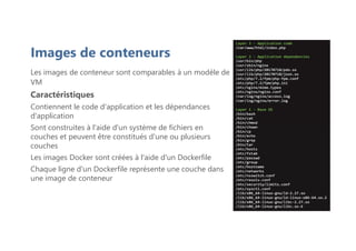 Images de conteneurs
Les images de conteneur sont comparables à un modèle de
VM
Caractéristiques
Contiennent le code d'application et les dépendances
d'application
Sont construites à l'aide d'un système de fichiers en
couches et peuvent être constitués d'une ou plusieurs
couches
Les images Docker sont créées à l'aide d'un Dockerfile
Chaque ligne d'un Dockerfile représente une couche dans
une image de conteneur
 