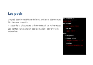Les pods
Un pod est un ensemble d'un ou plusieurs conteneurs
étroitement couplés
Il s'agit de la plus petite unité de travail de Kubernetes
Les conteneurs dans un pod démarrent et s'arrêtent
ensemble
 