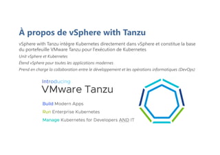 À propos de vSphere with Tanzu
vSphere with Tanzu intègre Kubernetes directement dans vSphere et constitue la base
du portefeuille VMware Tanzu pour l'exécution de Kubernetes
Unit vSphere et Kubernetes
Étend vSphere pour toutes les applications modernes
Prend en charge la collaboration entre le développement et les opérations informatiques (DevOps)
 