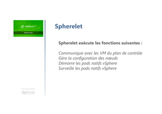 Une formation
Spherelet exécute les fonctions suivantes :
Communique avec les VM du plan de contrôle
Gère la configuration des nœuds
Démarre les pods natifs vSphere
Surveille les pods natifs vSphere
Spherelet
 