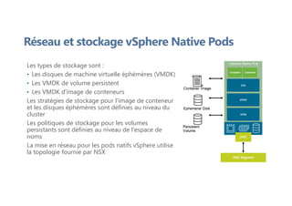 Réseau et stockage vSphere Native Pods
Les types de stockage sont :
• Les disques de machine virtuelle éphémères (VMDK)
• Les VMDK de volume persistent
• Les VMDK d'image de conteneurs
Les stratégies de stockage pour l'image de conteneur
et les disques éphémères sont définies au niveau du
cluster
Les politiques de stockage pour les volumes
persistants sont définies au niveau de l'espace de
noms
La mise en réseau pour les pods natifs vSphere utilise
la topologie fournie par NSX
 