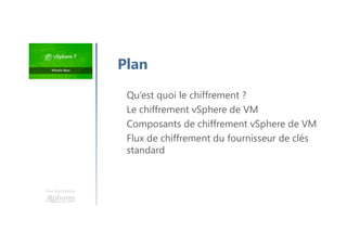 Une formation
Plan
Qu’est quoi le chiffrement ?
Le chiffrement vSphere de VM
Composants de chiffrement vSphere de VM
Flux de chiffrement du fournisseur de clés
standard
 