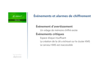 Une formation
Événement d'avertissement
Un vidage de mémoire chiffré existe
Événements critiques
Espace disque insuffisant
La création de la clé a échoué sur le cluster KMS
Le serveur KMS est inaccessible
Événements et alarmes de chiffrement
 
