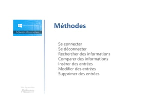 Se connecter
Se déconnecter
Rechercher des informations
Comparer des informations
Insérer des entrées
Modifier des entrées
Supprimer des entrées
Une formation
Méthodes
 