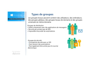 Une formation
Types de groupes
Les groupes locaux peuvent contenir des utilisateurs, des ordinateurs,
des groupes globaux, des groupes locaux de domaine et des groupes
universels du même domaine
Groupes de distribution
• Utilisé uniquement avec des applications de messagerie
• Sécurité pas activée (pas de SID)
• Impossible d’accorder les autorisations
Groupes de sécurité
• Principal de sécurité avec un SID
• Peut recevoir des autorisations
• Peut également être activé pour le courrier
électronique
 