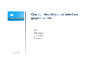 Une formation
OU
Utilisateurs
Machines
Groupes
Création des objets par interface
graphique dsa
 