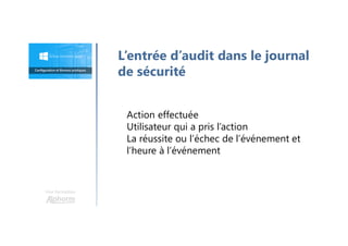 Une formation
Action effectuée
Utilisateur qui a pris l’action
La réussite ou l’échec de l’événement et
l’heure à l’événement
L’entrée d’audit dans le journal
de sécurité
 