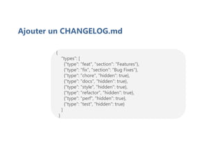 Ajouter un CHANGELOG.md
{
"types": [
{"type": "feat", "section": "Features"},
{"type": "fix", "section": "Bug Fixes"},
{"type": "chore", "hidden": true},
{"type": "docs", "hidden": true},
{"type": "style", "hidden": true},
{"type": "refactor", "hidden": true},
{"type": "perf", "hidden": true},
{"type": "test", "hidden": true}
]
}
 