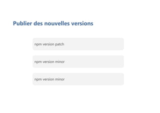 Publier des nouvelles versions
npm version patch
npm version minor
npm version minor
 