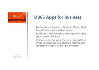 Une formation
M365 Apps for business
Profiter de la suite office : Outlook , Word , Excel ,
PowerPoint en mode web et logiciels
Bénéficier d’1TO d’espace de stockage OneDrive
pour chaque utilisateur
Utiliser une licence pour couvrir les applications
Office installées sur cinq appareils mobiles, cinq
tablettes et cinq PC ou Mac par utilisateur
 