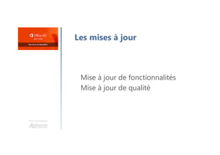 Une formation
Les mises à jour
Mise à jour de fonctionnalités
Mise à jour de qualité
 
