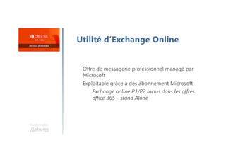 Utilité d’Exchange Online
Offre de messagerie professionnel managé par
Microsoft
Exploitable grâce à des abonnement Microsoft
Exchange online P1/P2 inclus dans les offres
office 365 – stand Alone
Une formation
 