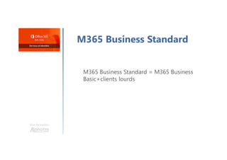 Une formation
M365 Business Standard
M365 Business Standard = M365 Business
Basic+clients lourds
 