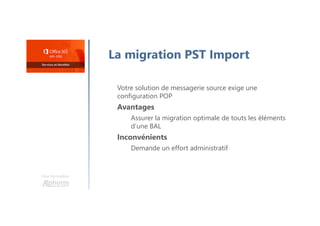 Une formation
La migration PST Import
Votre solution de messagerie source exige une
configuration POP
Avantages
Assurer la migration optimale de touts les éléments
d’une BAL
Inconvénients
Demande un effort administratif
 