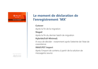 Une formation
Le moment de déclaration de
l’enregistrement ‘MX’
Cutover
Après la fin de la migration
Staged
Après la fin du dernier batch de migration
Hybride(Full-Minimal)
A vous de décider : notamment après l’atteinte de l’état de
coexistence
IMAP/PST Import
Après l’import de contenu à partir de la solution de
messagerie source
 