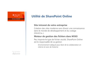 Utilité de SharePoint Online
Site intranet de votre entreprise
Création des sites moderne sans d’avoir une connaissance
dans le monde de développement et du codage
(Html,Css..)
Moteur de gestion des fichiers dans M365
Peu importe le type de fichier stocké, SharePoint Online
est le responsable de sa gestion
Environnement adéquat pour faire de la collaboration en
interne et avec de l’externe
Une formation
 