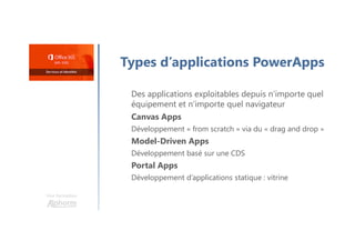 Une formation
Types d’applications PowerApps
Des applications exploitables depuis n’importe quel
équipement et n’importe quel navigateur
Canvas Apps
Développement « from scratch » via du « drag and drop »
Model-Driven Apps
Développement basé sur une CDS
Portal Apps
Développement d’applications statique : vitrine
 