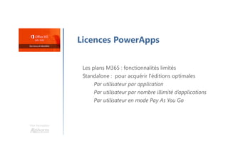 Une formation
Licences PowerApps
Les plans M365 : fonctionnalités limités
Standalone : pour acquérir l’éditions optimales
Par utilisateur par application
Par utilisateur par nombre illimité d’applications
Par utilisateur en mode Pay As You Go
 