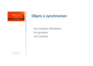 Une formation
Objets à synchroniser
Les comptes utilisateurs
Les groupes
Les contacts
 