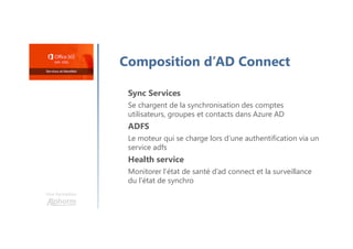 Une formation
Composition d’AD Connect
Sync Services
Se chargent de la synchronisation des comptes
utilisateurs, groupes et contacts dans Azure AD
ADFS
Le moteur qui se charge lors d’une authentification via un
service adfs
Health service
Monitorer l’état de santé d’ad connect et la surveillance
du l’état de synchro
 