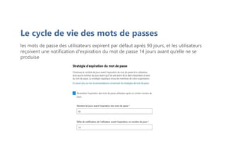Le cycle de vie des mots de passes
les mots de passe des utilisateurs expirent par défaut après 90 jours, et les utilisateurs
reçoivent une notification d'expiration du mot de passe 14 jours avant qu'elle ne se
produise
 
